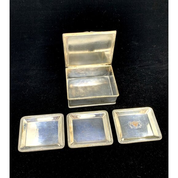 English Cheltenham Silverplate Hinged Trinket Box Silver on Copper 3 Small Trays - Picture 4 of 16